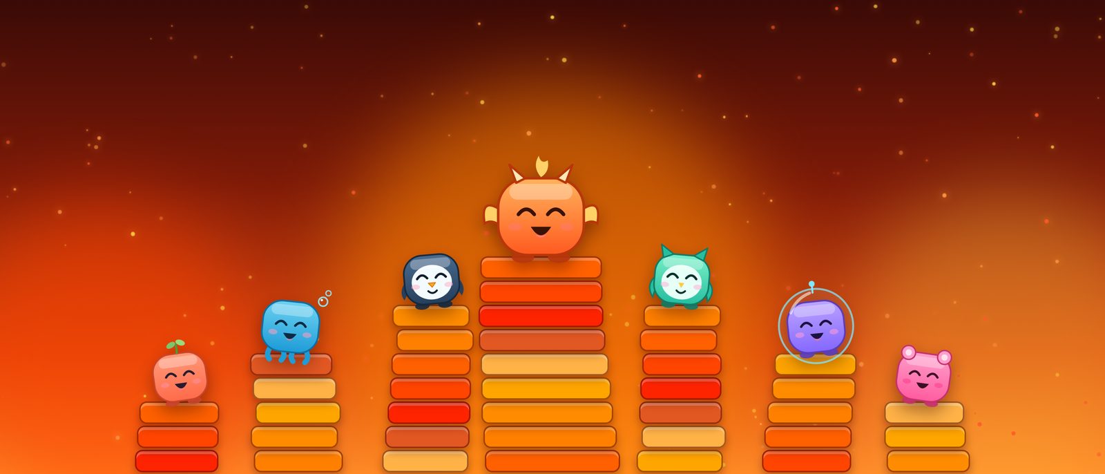 The Towerly buddies standing on towers of fiery blocks